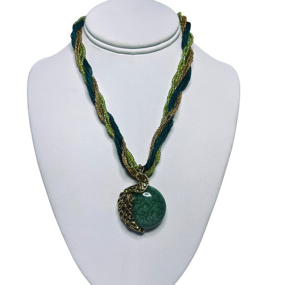 Multi Strand Green Seed Bead Necklace With Peacock Pendant (5889-1-2) - Picture 1 of 6